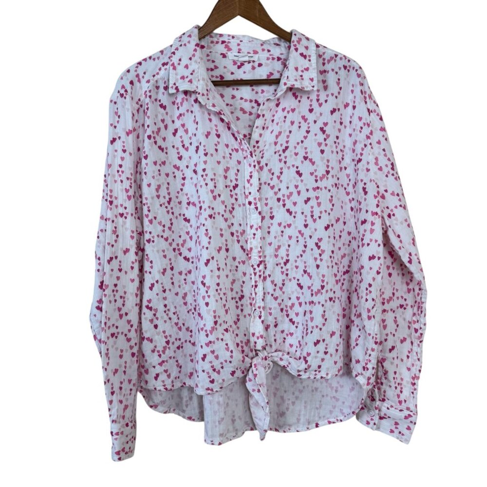 beachlunchlounge White Pink Hearts Tie Front Button Up Shirt Size XL Valentine's